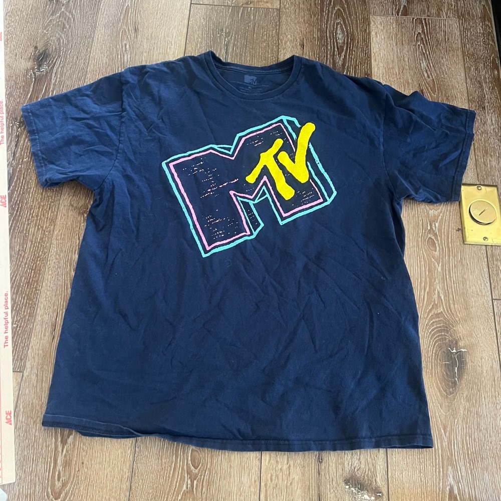 MTV Mens T-Shirt Size XL Navy Neon Retro Music Tee Grunge Y2k